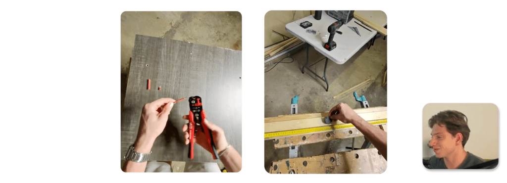 Mains utilisant une pince à dénuder et mesure sur planche bois lors d'une formation aménagement van Vanzon Explorer