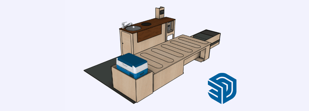 Modélisation 3D SketchUp d'un aménagement van avec cuisine, lit escamotable et rangements en bois, Vanzon Explorer