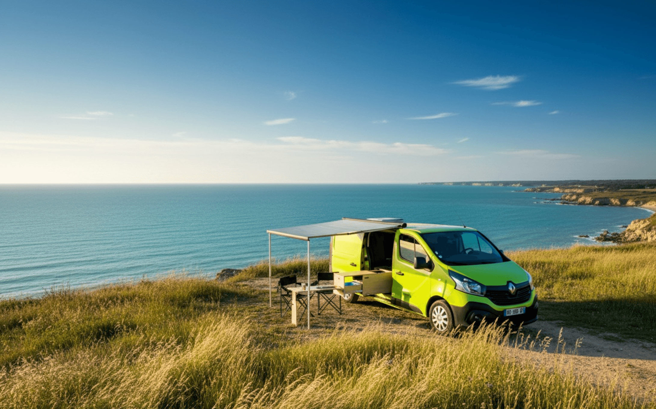 Van amenage Yoni en bivouac face a l'ocean, auvent deploye — Vanzon Explorer