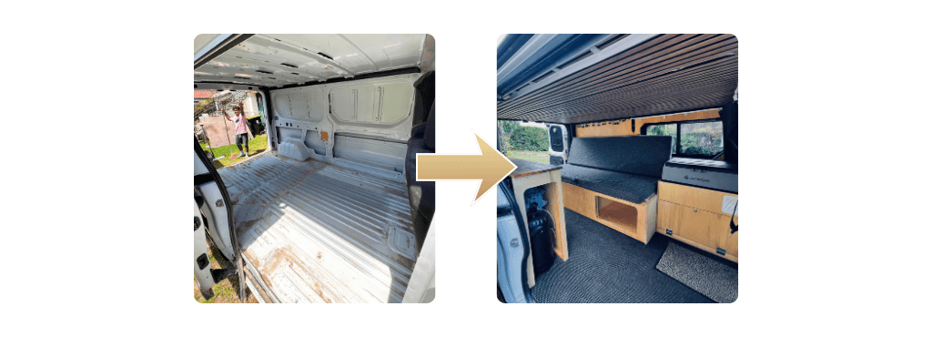 Avant et après aménagement intérieur van : cargo vide transformé en espace van life avec meubles bois et couchage, Vanzon Explorer
